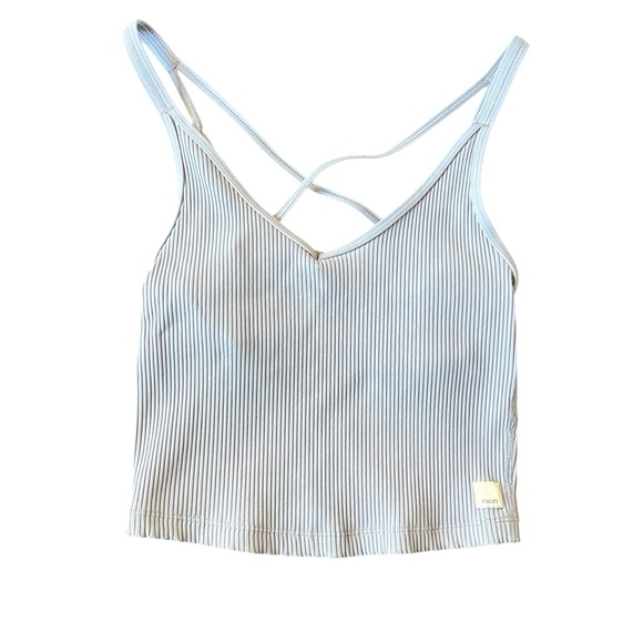 Vuori Tops - Vuori Ribbed Cropped V Neck Strappy Tank Top Built in Shelf Bra Gray Blue Size S